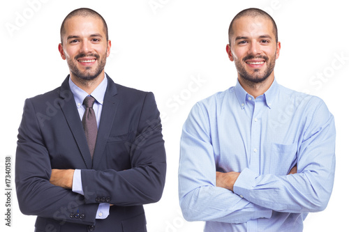 Bild auf Leinwand Portrait of the same man in different style clothes, isolated on a white backgro