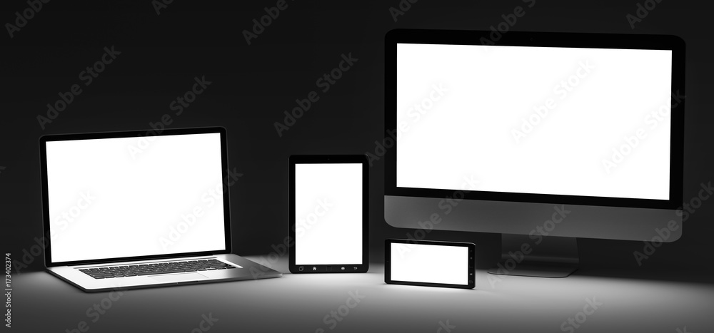 Dark modern computer laptop mobile phone and tablet 3D rendering Dark modern computer laptop mobile phone and tablet 3D rendering