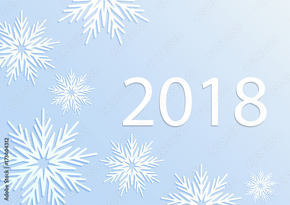 Happy New Year 2018 card with 3d paper snowflakes. Paper type on winter background with snow and snowflakes. Greeting card, poster or brochure template. Vector illustration. Happy New Year 2018 card with 3d paper snowflakes. Paper type on winter background with snow and snowflakes. Greeting card, poster or brochure template. Vector illustration.