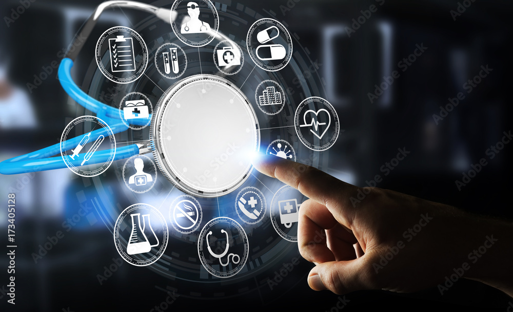 Businessman holding and touching floating stethoscope 3D rendering Businessman holding and touching floating stethoscope 3D rendering