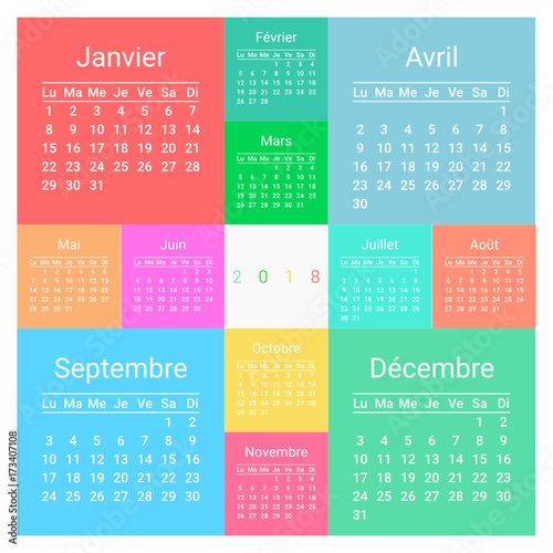 calendrier français 2018 multicolore