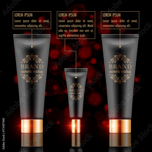 Set of cosmetic products on black background. Packaging template. Vector illustration