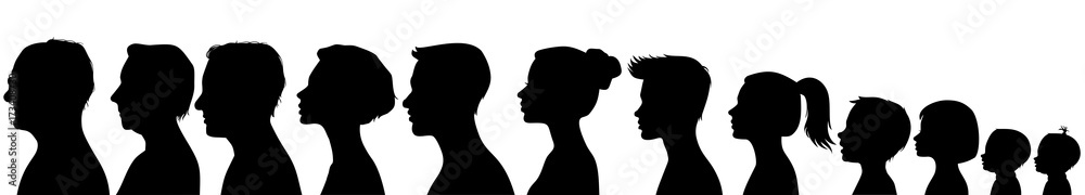 Head silhouettes of people. Black and white