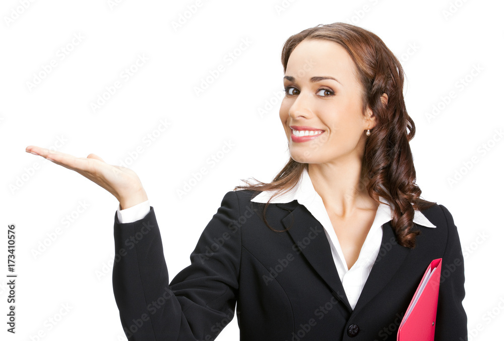 Business woman showing, isolated Business woman showing, isolated