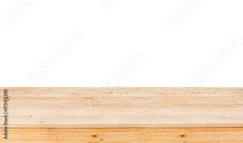 Empty beige wood table top   food stand   isolated with white background Mock up for display or montage of product and replace your background.