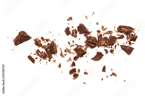 grated chocolate isolated on white background. Top view