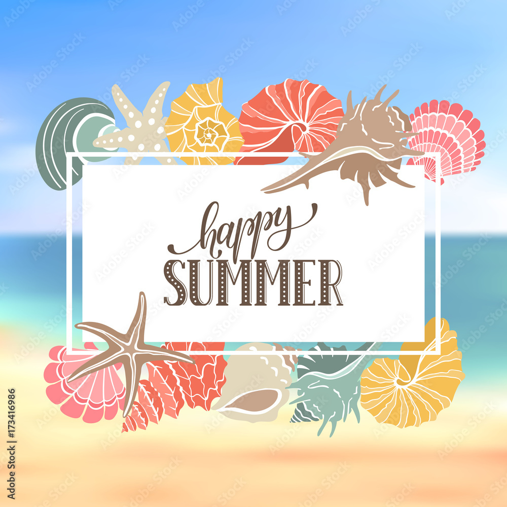 Obraz premium Summer time horizontal banner. Hand drawn sea shells and stars collection. Marine illustration of ocean shellfish. Colorful seashells arranged in stripe on beach background.