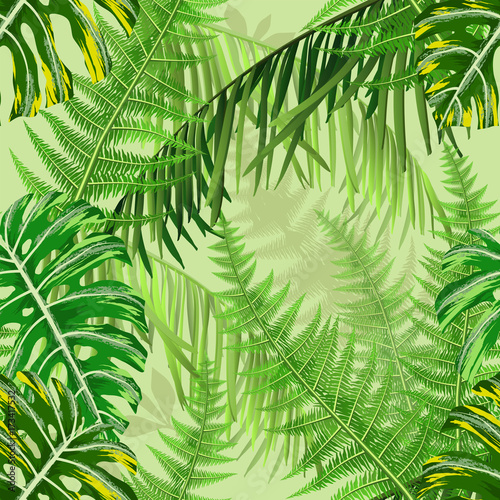 Seamless pattern with tropical leaves and ferns