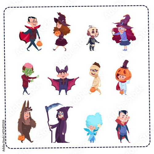 Cute Kid Wear Bat Costume, Happy Halloween Banner Party Celebration Concept Flat Vector Illustration