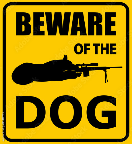 Beware of the dog sign. German shepherd with sniper rifle silhouette, vector illustration.