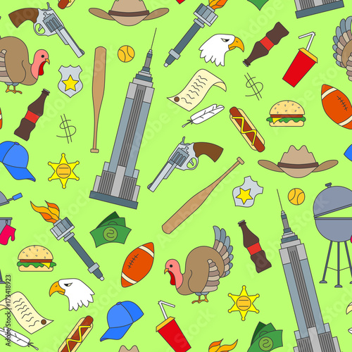 Seamless pattern on the theme of journey in the country of America, simple painted icons on green background