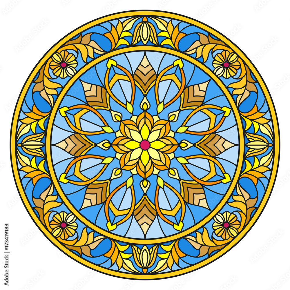 Illustration in stained glass style, round mirror image with floral ornaments and swirls Illustration in stained glass style, round mirror image with floral ornaments and swirls