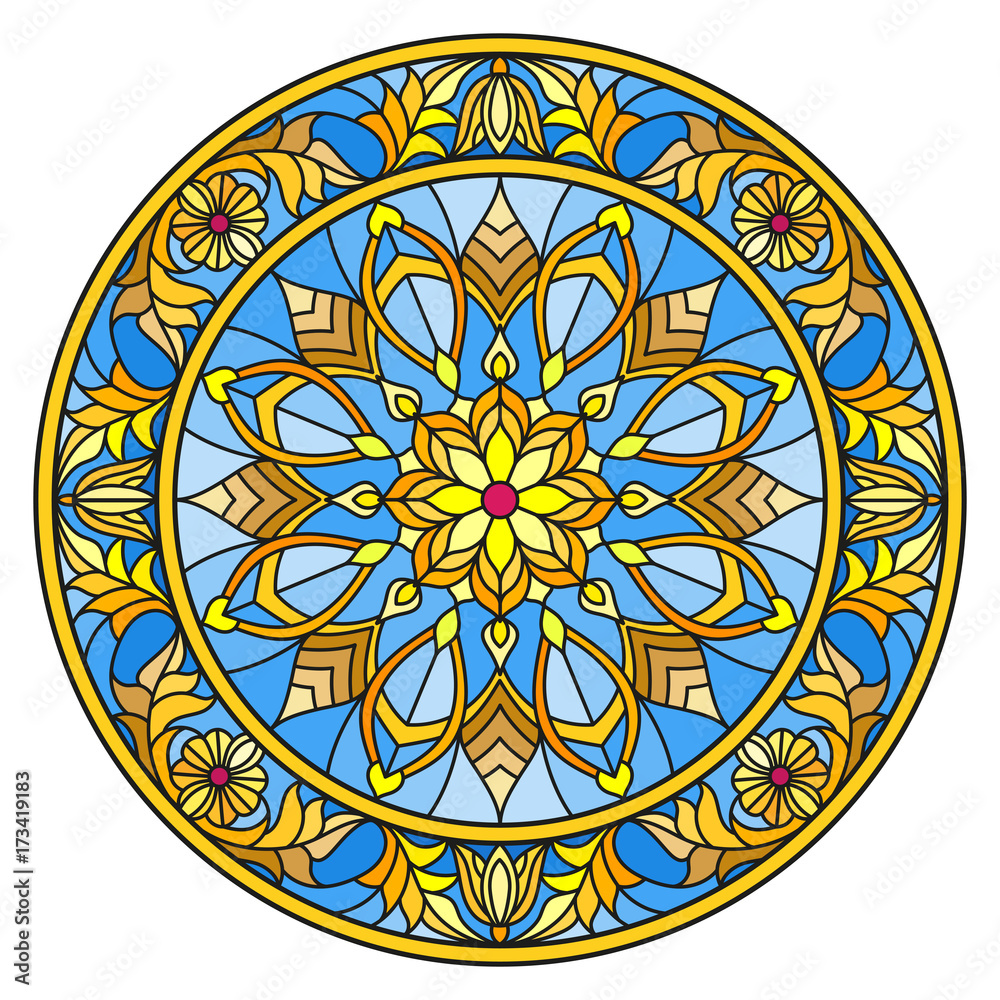 Illustration in stained glass style, round mirror image with floral ornaments and swirls