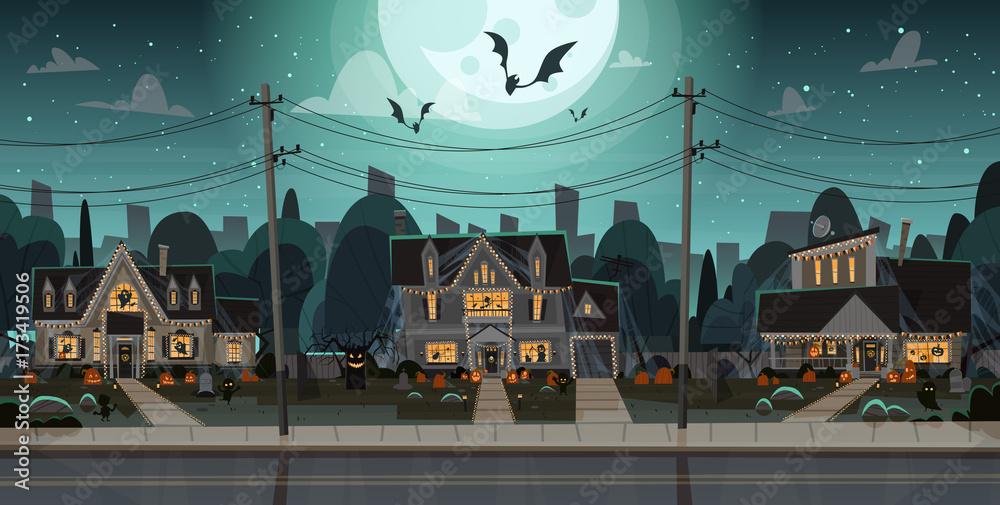 Houses Decorated For Halloween Home Buildings Front View With Different  Pumpkins, Bats Holiday Celebration Concept Flat Vector Illustration Stock  Vector | Adobe Stock