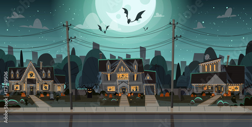 Houses Decorated For Halloween Home Buildings Front View With Different Pumpkins, Bats Holiday Celebration Concept Flat Vector Illustration