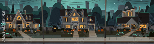 Houses Decorated For Halloween Home Buildings Front View With Different Pumpkins, Bats Holiday Celebration Concept Flat Vector Illustration