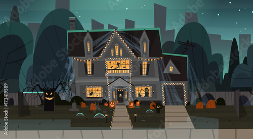 House Decorated For Halloween Home Building Front View With Different Pumpkins, Bats Holiday Celebration Concept Flat Vector Illustration