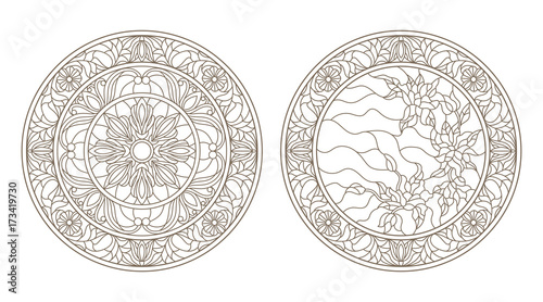 Set contour illustrations of stained glass, round stained glass floral, dark outline on a white background