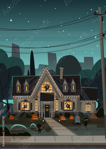 House Decorated For Halloween Home Building Front View With Different Pumpkins, Bats Holiday Celebration Concept Flat Vector Illustration