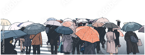 Illustration of crowd of people waiting at street crossing in the rain with rain coats and umbrellas in color