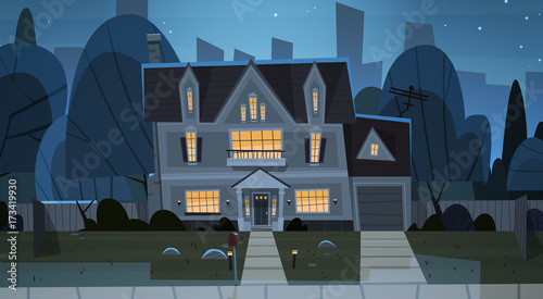 House Building Night View Suburb Of Big City, Cottage Real Estate Cute Town Concept Flat Vector Illustration