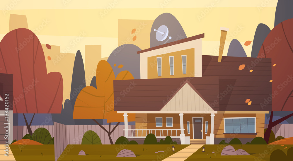 House Building Suburb Of Big City In Autumn, Cottage Real Estate Cute Town Concept Flat Vector Illustration