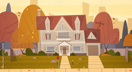 House Building Suburb Of Big City In Autumn, Cottage Real Estate Cute Town Concept Flat Vector Illustration