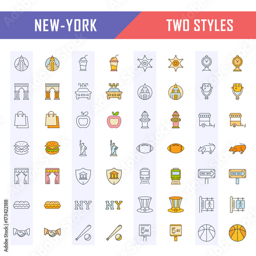 Set Vector Flat Line Icons New York