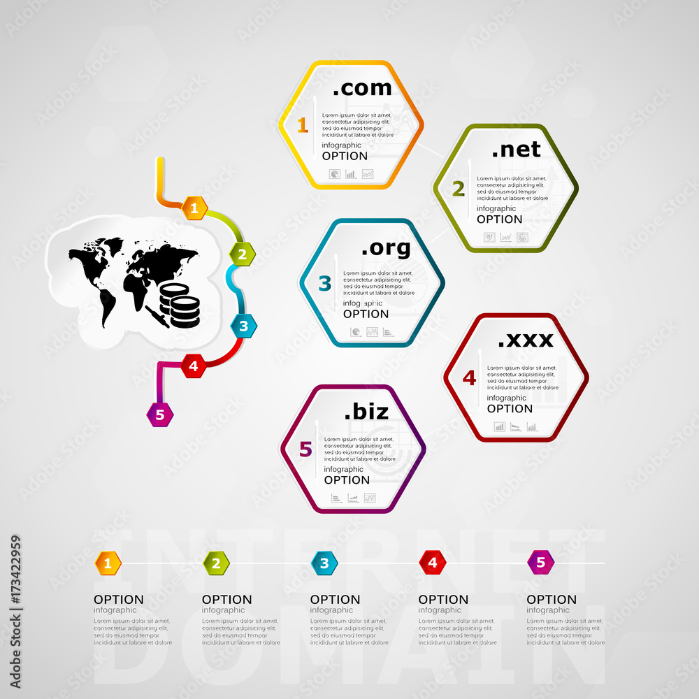 Internet domain timeline infographics design with five steps or options  - obrazy, fototapety, plakaty 