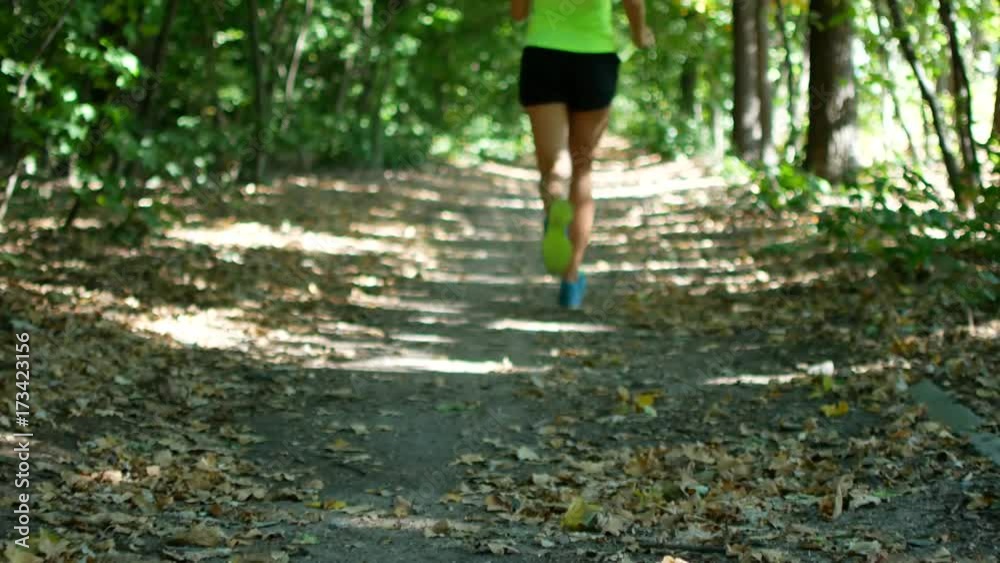 Runner in training in the forest. A close-up of retiring shoes Runner in training in the forest. A close-up of retiring shoes