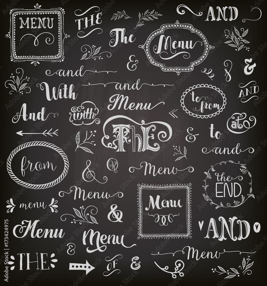 Catchwords and phrases on chalkboard, with frames, swirls, arrows and decorative graphic elements