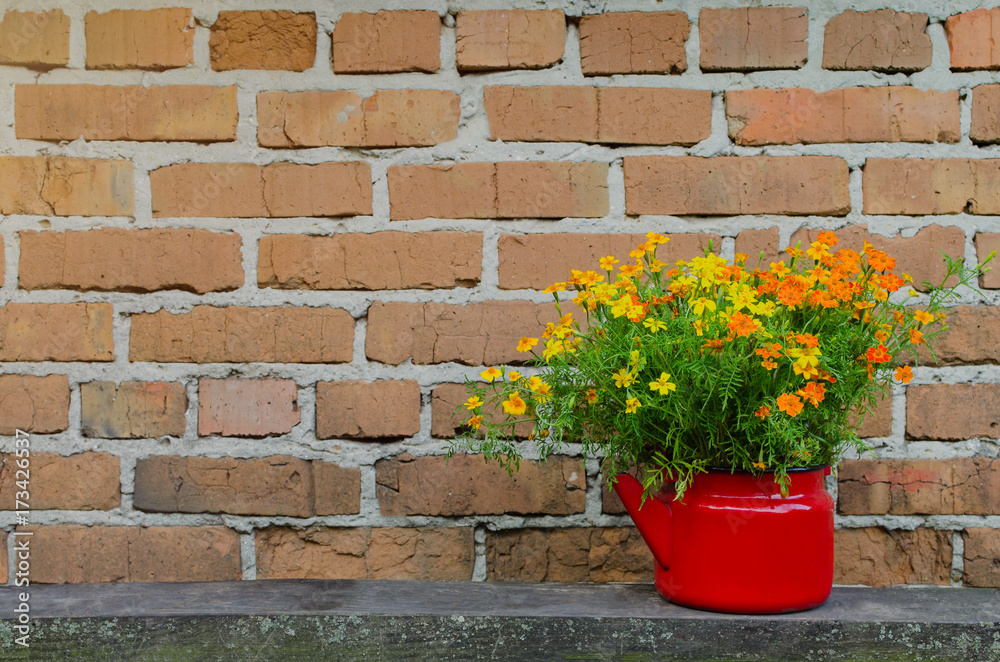 Flowers in flowerpot on the brick wall background