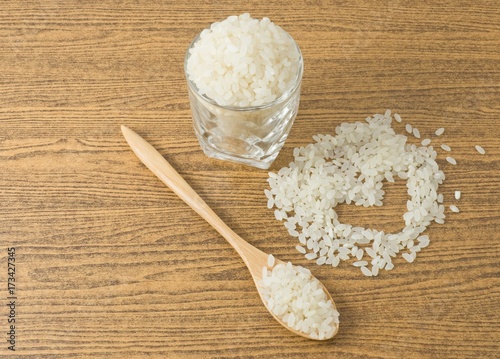 Raw Japanese Rice in A Wooden Spoon