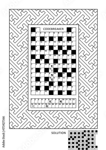 Puzzle and coloring activity page for grown-ups with codebreaker, or codeword, else code cracker word game (English) and wide decorative frame to color. Family friendly. Answer included.
