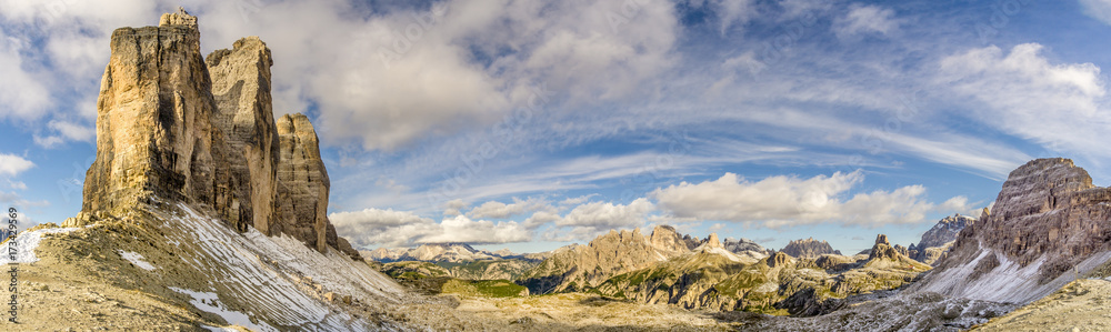 Panoramic view to the valley from Forcella Lavaredo near Tre Cime in Dolomites - Italy Panoramic view to the valley from Forcella Lavaredo near Tre Cime in Dolomites - Italy
