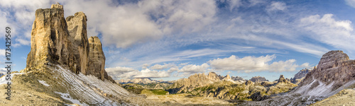 Panoramic view to the valley from Forcella Lavaredo near Tre Cime in Dolomites - Italy