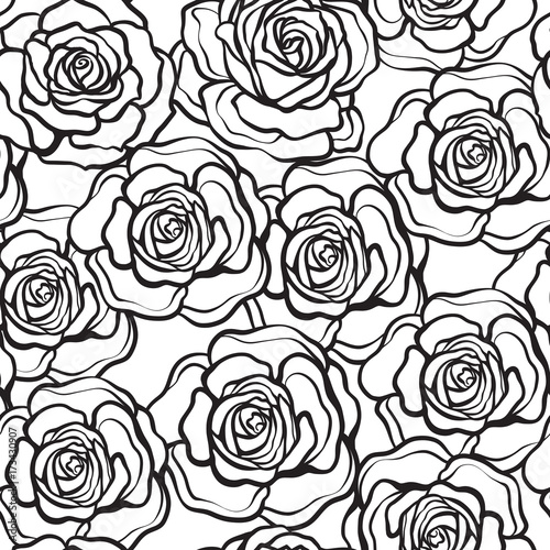 Rose flower seamless pattern. Outline black roses on white backg