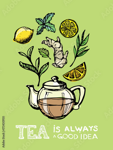 Hand drawn tea time collection. Cup and teapot. Vector illustration.