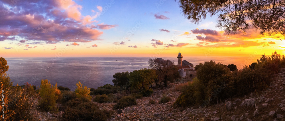 Lighthouse Gelidonya Feneri on sunset. Panoramic view ( Kemer, Turkey). Lovely place of tourists. Lycian way. Walking tour