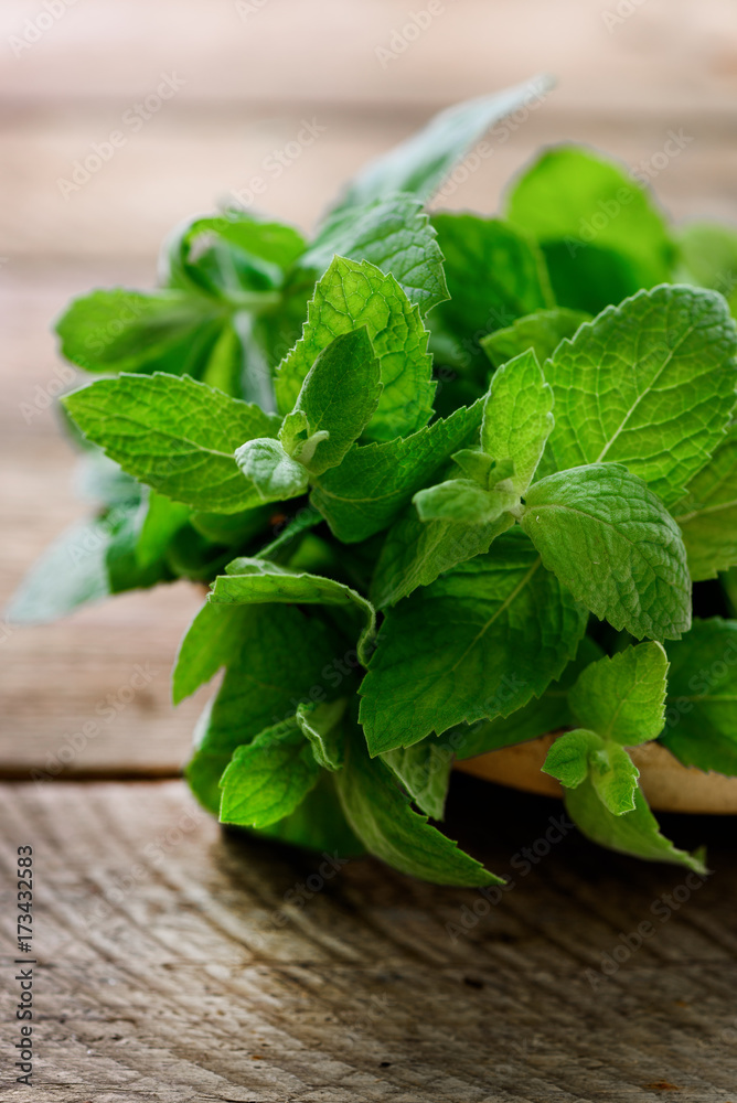 Fresh mint leaves on wooden background with copyspace and sunlights Fresh mint leaves on wooden background with copyspace and sunlights