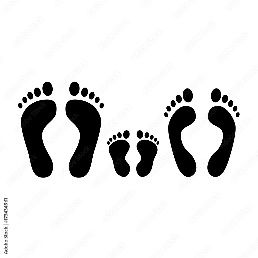 Human footprint. Black silhouette of man, woman and baby footprints. Family. Vector icons isolated on white Human footprint. Black silhouette of man, woman and baby footprints. Family. Vector icons isolated on white