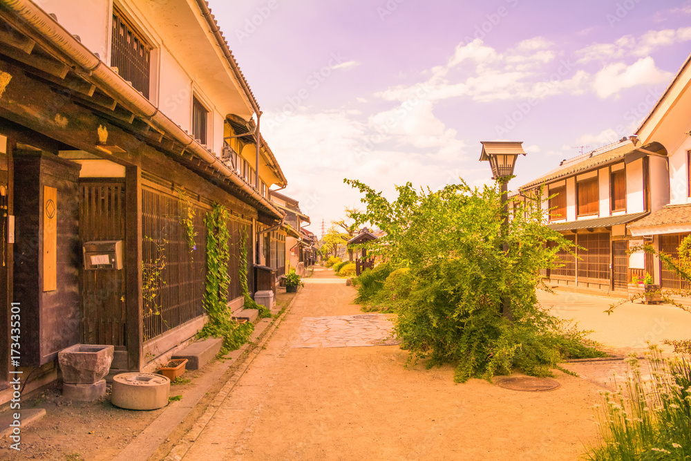 A road and the old  town  of Unno-juku is a post town and dozens of old buildings have been beautifully preserved  for the travelers of Hokkoku Road in Tomi-shi, Nagano Prefecture, JAPAN.