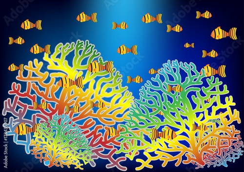 Fototapeta Naklejka Na Ścianę i Meble -  Concept and idea color coral undersea and fish. Abstract flat undersea and aquarium background. Vector EPS10
