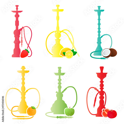 Hookah silhouettes with different fruit flavors. Various flavor additives. Vector illustration for hookah menu.