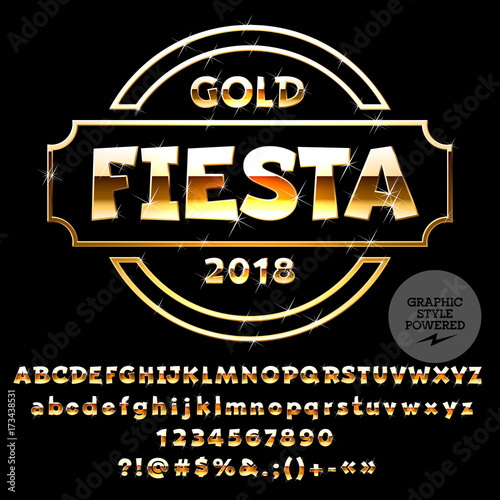 Set of Golden Alphabet Letters, Numbers and Punctuation symbols. Font contains Graphic Style. Vector Logo with text Gold Fiesta.