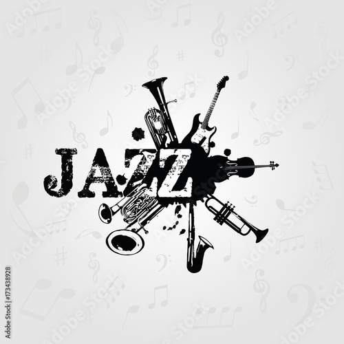 Music poster for jazz festival with music instruments. Black and white euphonium, double bell euphonium, saxophone, trumpet, violoncello and guitar vector illustration design