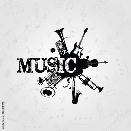 Music poster with word music and music instruments. Black and white euphonium, double bell euphonium, saxophone, trumpet, violoncello and guitar vector illustration design