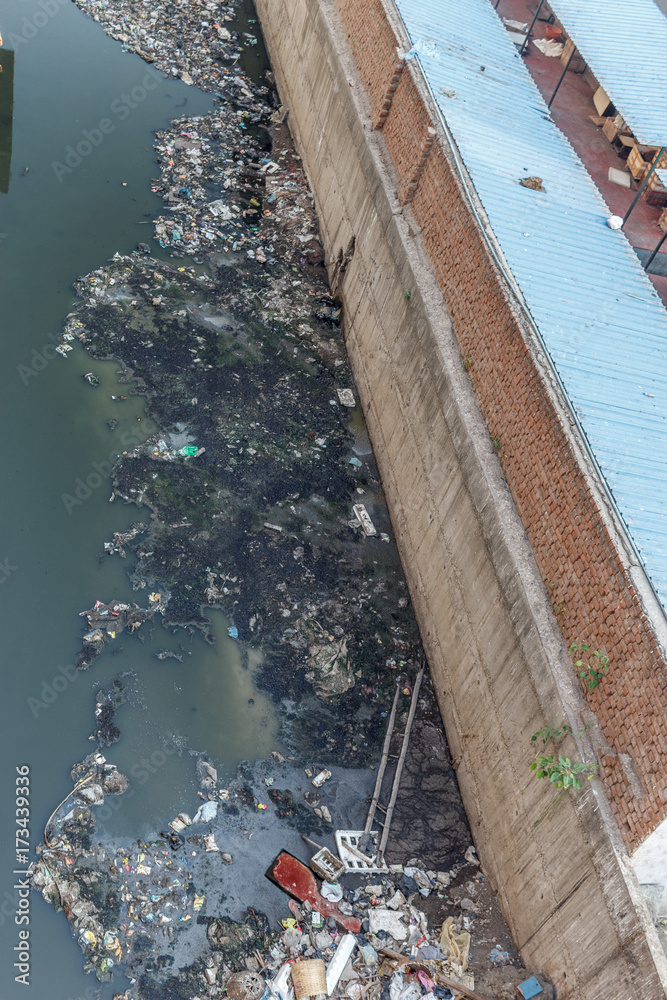 Chennai,India,May 20 2017: Waste or garbage polluting lake or canal causing disaster to environment