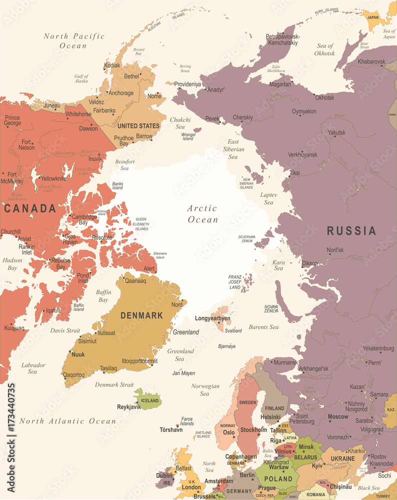 Fototapeta premium Arctic Region Map - Vintage Vector Illustration