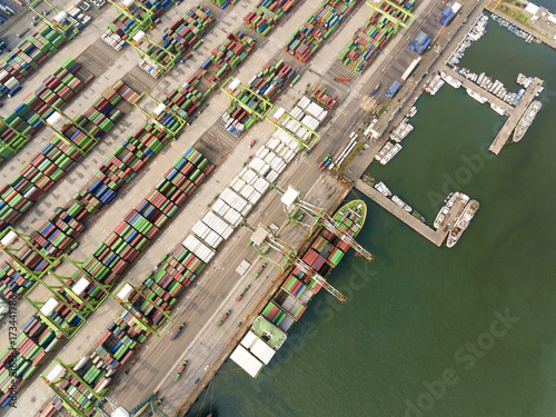 Aerial view of cargo dock and Container Ship.
